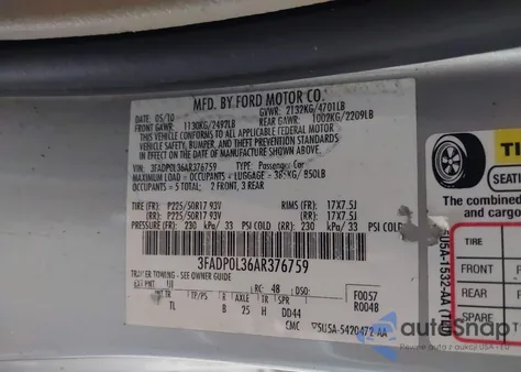 2010 Ford Fusion Hybrid from USA, damaged, VIN 3FADP0L36AR376759